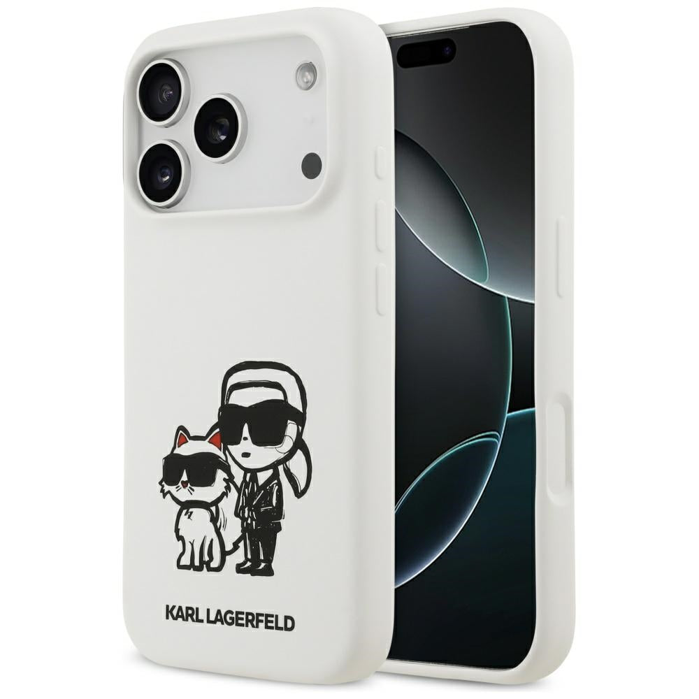 Etui til Apple iPhone 17 Pro, Karl Lagerfeld, Sketch and Logo Karl & Choupette, Hvid