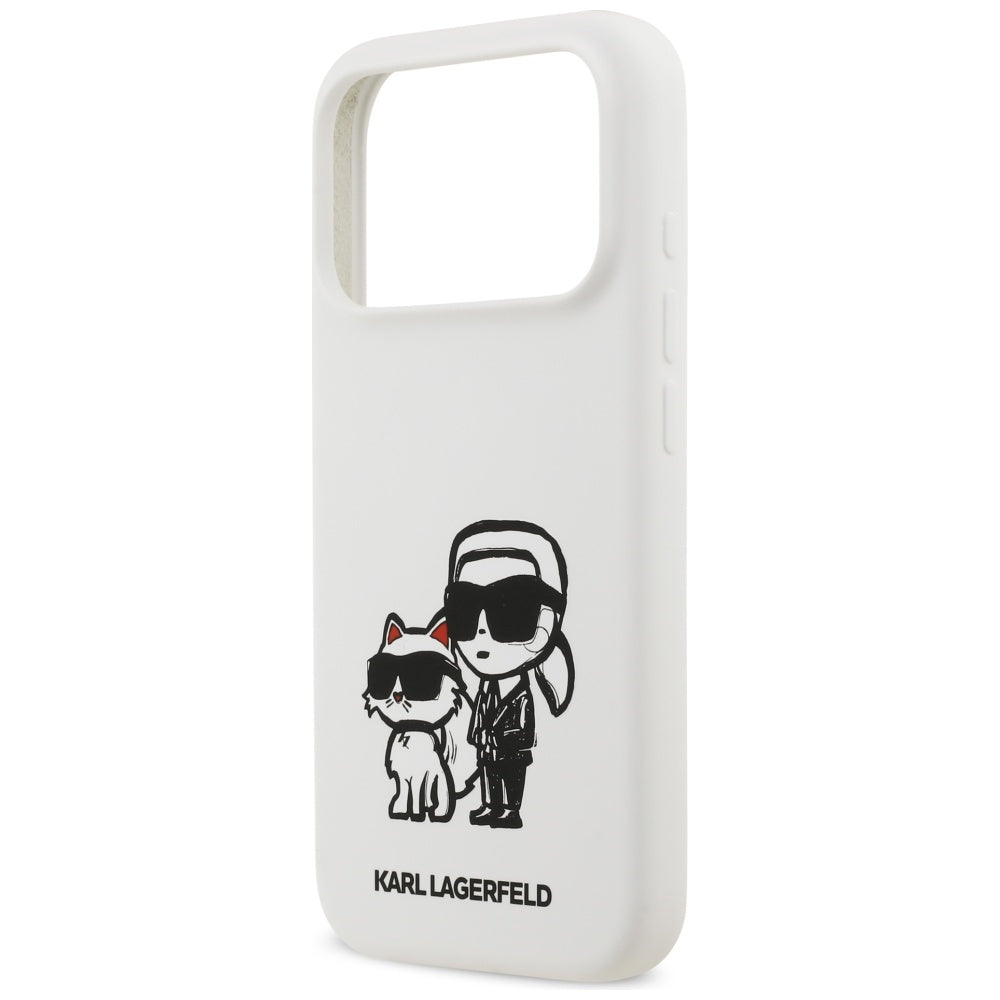 Etui til Apple iPhone 17 Pro, Karl Lagerfeld, Sketch and Logo Karl & Choupette, Hvid
