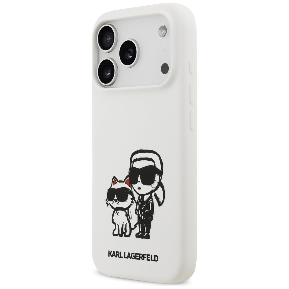 Etui til Apple iPhone 17 Pro, Karl Lagerfeld, Sketch and Logo Karl & Choupette, Hvid