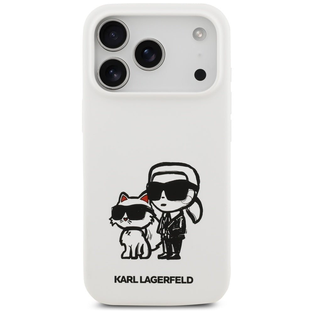 Etui til Apple iPhone 17 Pro, Karl Lagerfeld, Sketch and Logo Karl & Choupette, Hvid