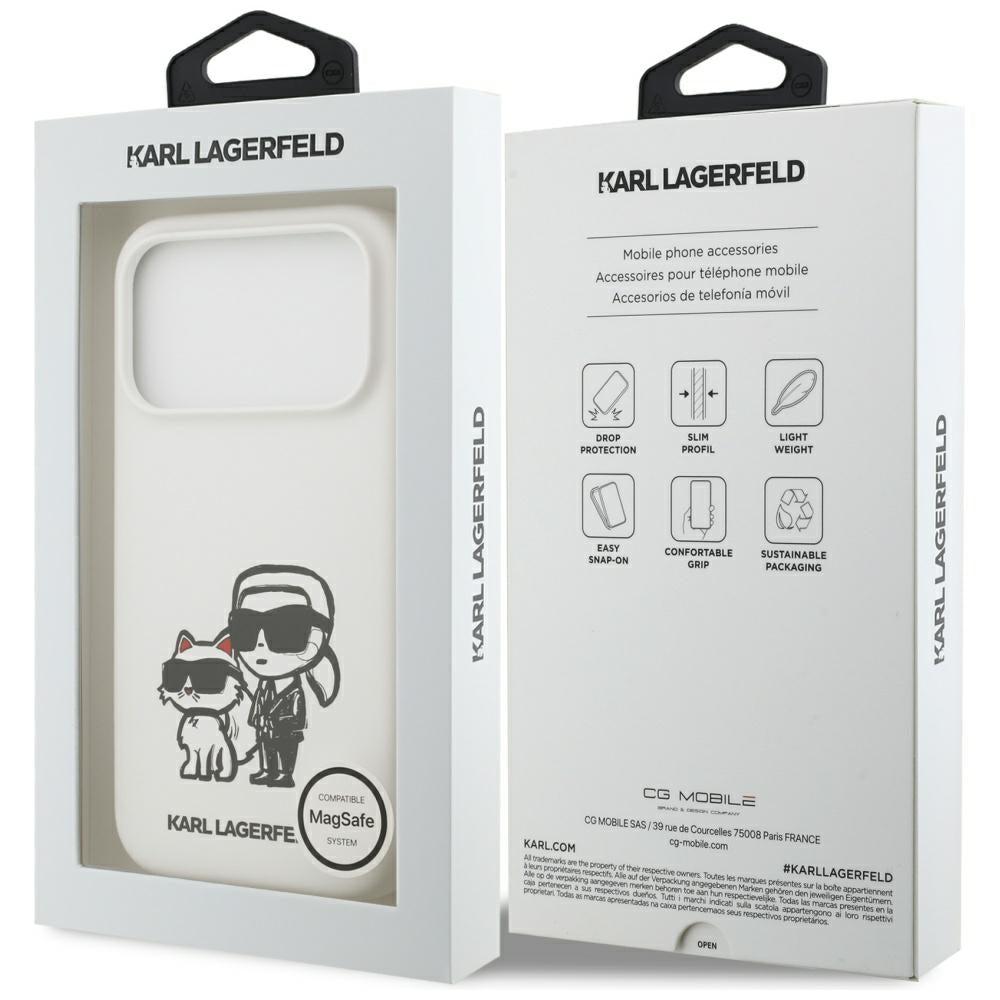 Etui til Apple iPhone 17 Pro, Karl Lagerfeld, Sketch and Logo Karl & Choupette, Hvid