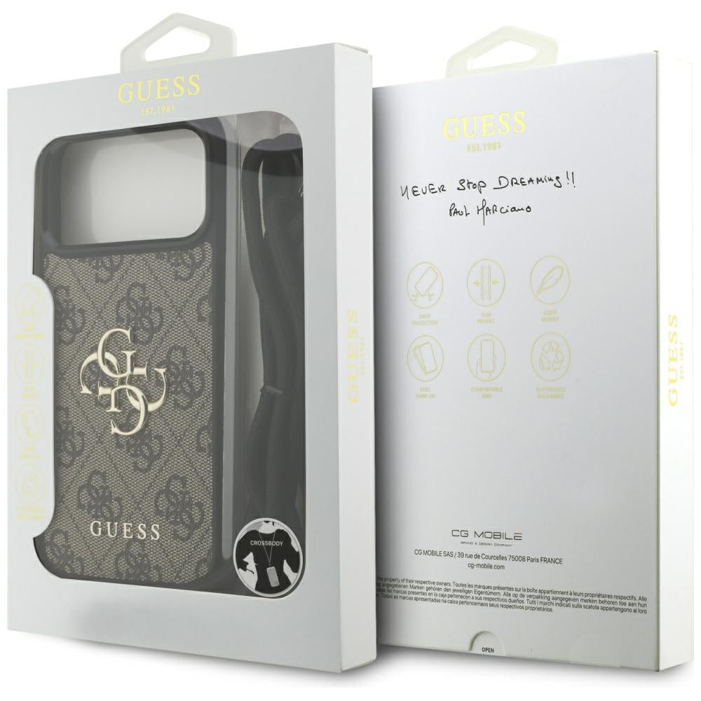 Etui til Apple iPhone 17 Pro Max, Guess, 4G CBDY Big Logo med snorestrop, Brun