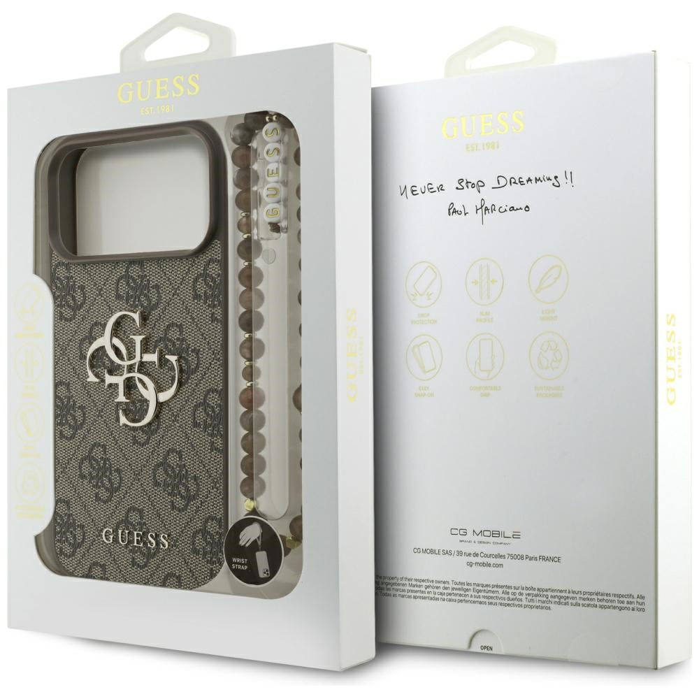 Etui til Apple iPhone 17 Pro Max, Guess, 4G Classic Logo med Perle Strop, Brun