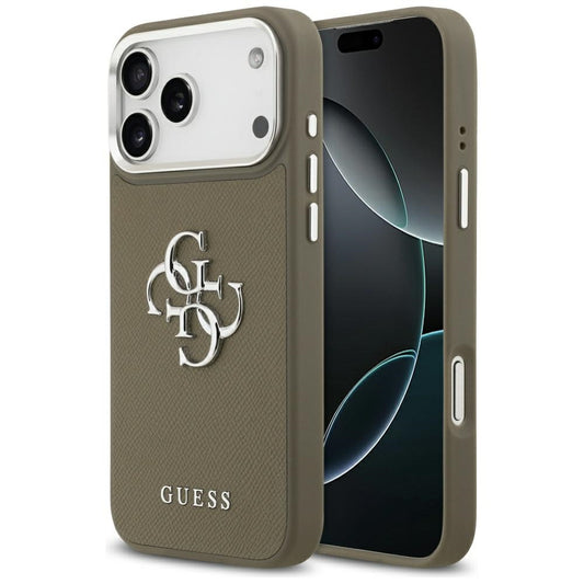 Etui til Apple iPhone 17 Pro Max, Guess, 4G Grained Big And Classic Logo, Brun Sølvfarvet