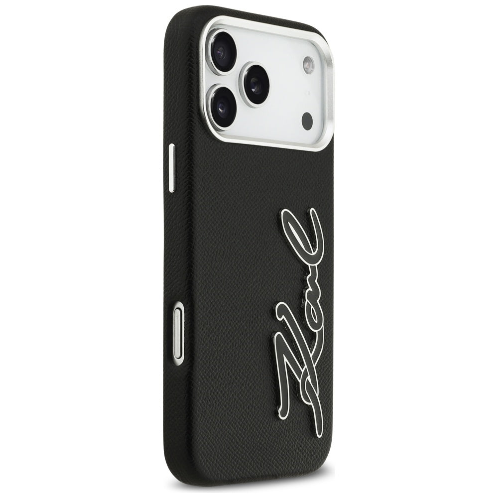 Etui til Apple iPhone 17 Pro Max, Karl Lagerfeld, FW Grained Signature Logo, Sort