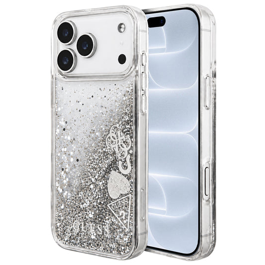 Cover til Apple iPhone 18 Pro / 17 Pro, Guess, Liquid Glitter Charms, sølvfarvet