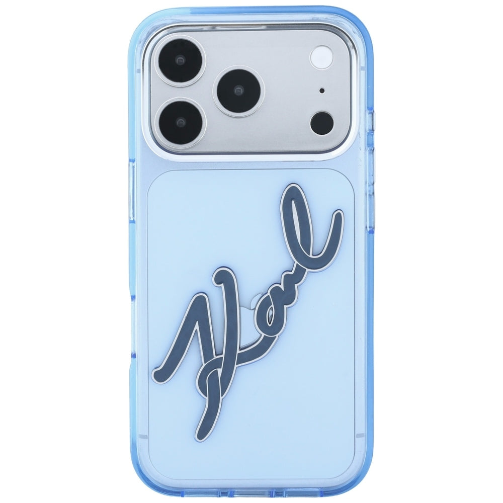 Cover til Apple iPhone 18 Pro / 17 Pro, Karl Lagerfeld, IML Big Signature Resin Logo og Metalramme, Blå