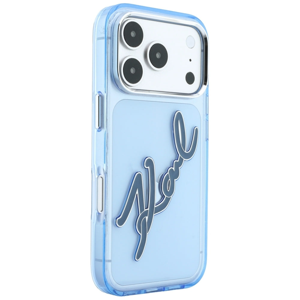 Cover til Apple iPhone 18 Pro / 17 Pro, Karl Lagerfeld, IML Big Signature Resin Logo og Metalramme, Blå