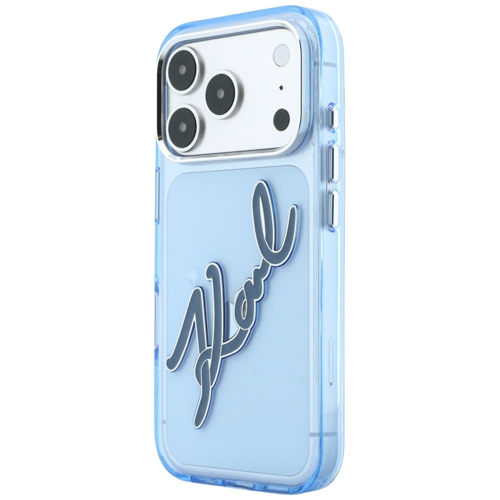 Cover til Apple iPhone 18 Pro / 17 Pro, Karl Lagerfeld, IML Big Signature Resin Logo og Metalramme, Blå