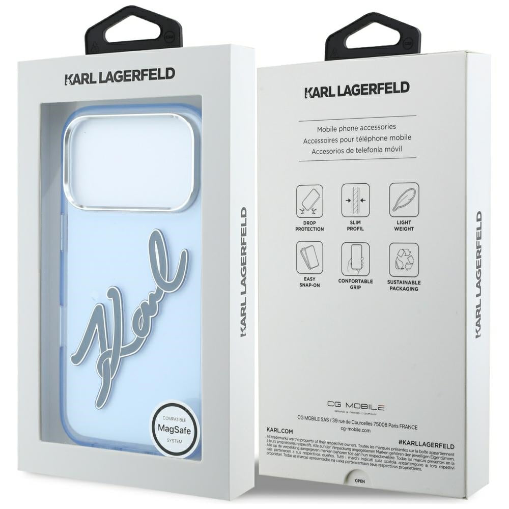 Cover til Apple iPhone 18 Pro / 17 Pro, Karl Lagerfeld, IML Big Signature Resin Logo og Metalramme, Blå