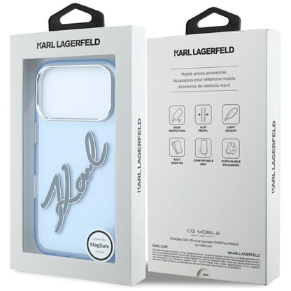 Cover til Apple iPhone 18 Pro / 17 Pro, Karl Lagerfeld, IML Big Signature Resin Logo og Metalramme, Blå
