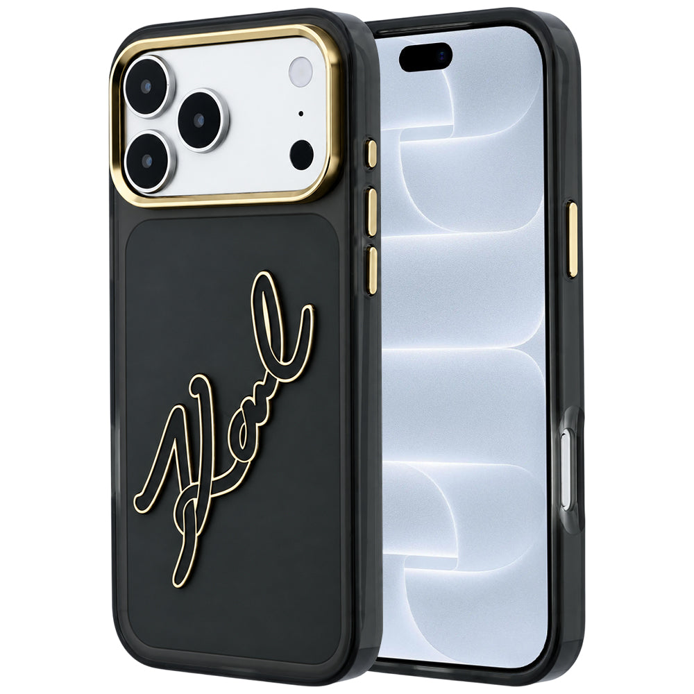 Cover til Apple iPhone 18 Pro / 17 Pro, Karl Lagerfeld, IML Big Signature Resin Logo og Metalramme, Sort