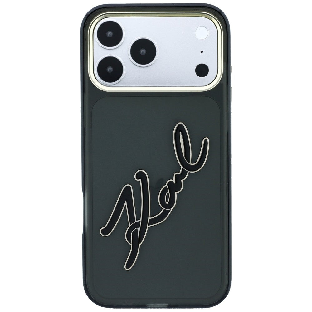 Cover til Apple iPhone 18 Pro / 17 Pro, Karl Lagerfeld, IML Big Signature Resin Logo og Metalramme, Sort