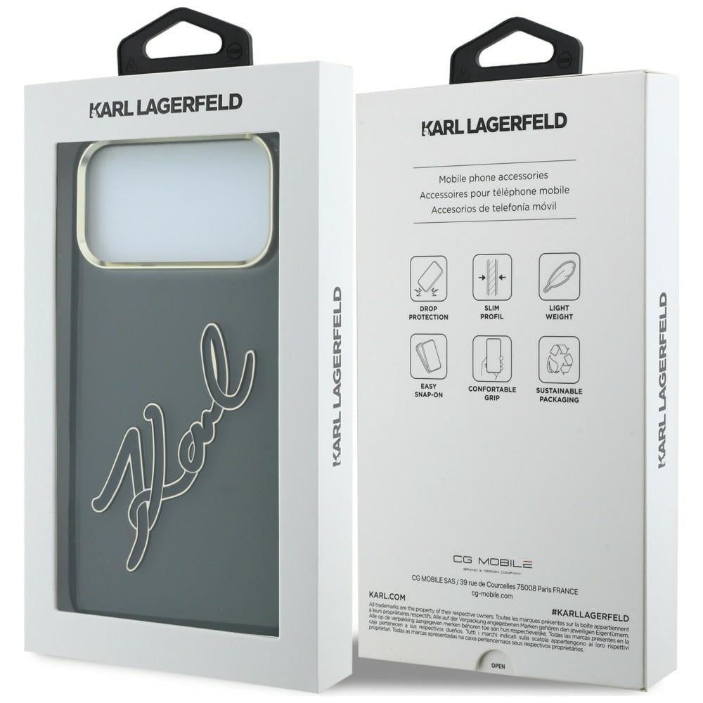Cover til Apple iPhone 18 Pro / 17 Pro, Karl Lagerfeld, IML Big Signature Resin Logo og Metalramme, Sort