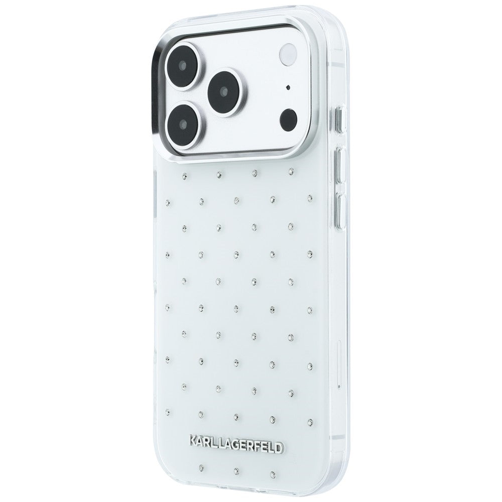 Cover til Apple iPhone 18 Pro / 17 Pro, Karl Lagerfeld, IML Rhinestones og Elektropletteret Logo, Hvid