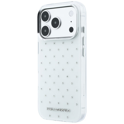 Cover til Apple iPhone 18 Pro / 17 Pro, Karl Lagerfeld, IML Rhinestones og Elektropletteret Logo, Hvid