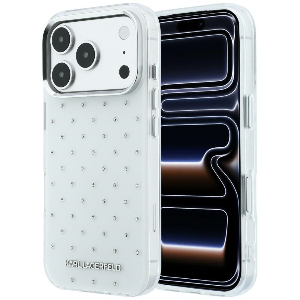 Cover til Apple iPhone 18 Pro / 17 Pro, Karl Lagerfeld, IML Rhinestones og Elektropletteret Logo, Hvid