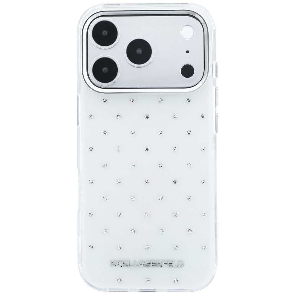 Cover til Apple iPhone 18 Pro / 17 Pro, Karl Lagerfeld, IML Rhinestones og Elektropletteret Logo, Hvid