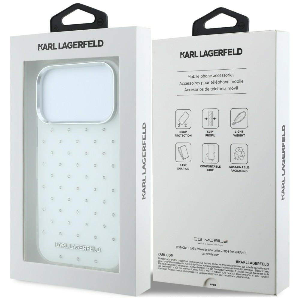 Cover til Apple iPhone 18 Pro / 17 Pro, Karl Lagerfeld, IML Rhinestones og Elektropletteret Logo, Hvid