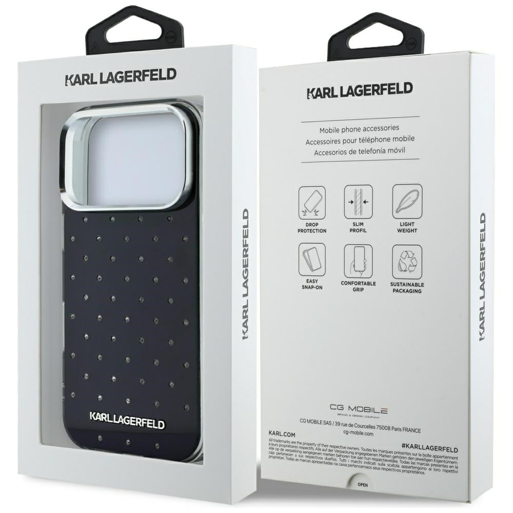 Cover til Apple iPhone 18 Pro / 17 Pro, Karl Lagerfeld, IML Rhinestones og Elektropletteret Logo, Sort
