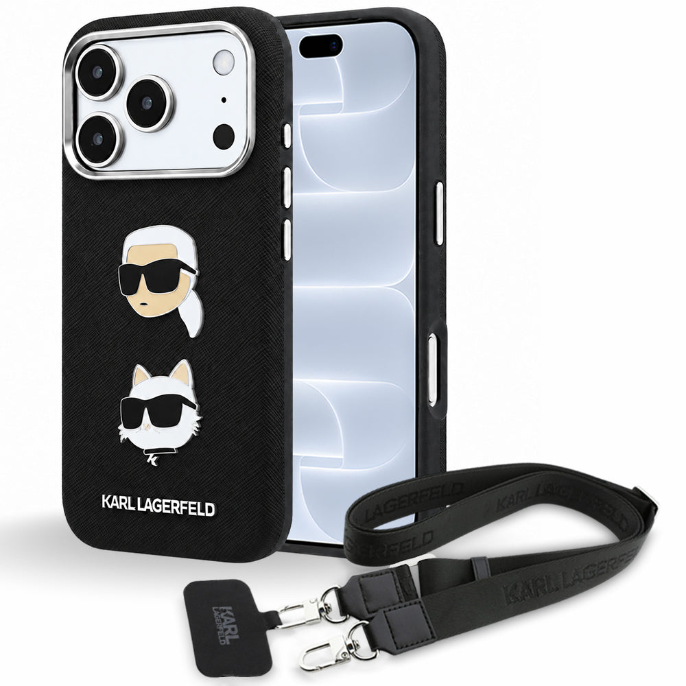Etui til Apple iPhone 18 Pro / 17 Pro, Karl Lagerfeld, Saffiano Crossbody Karl & Choupette Head's Pins-logo, sort