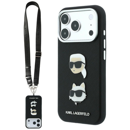 Etui til Apple iPhone 18 Pro / 17 Pro, Karl Lagerfeld, Saffiano Crossbody Karl & Choupette Head's Pins-logo, sort