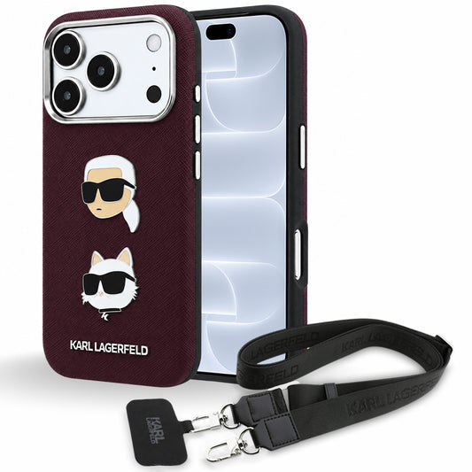 Etui til Apple iPhone 18 Pro / 17 Pro, Karl Lagerfeld, Saffiano Crossbody Karl & Choupette Head's Pins-logo, bordeauxfarvet