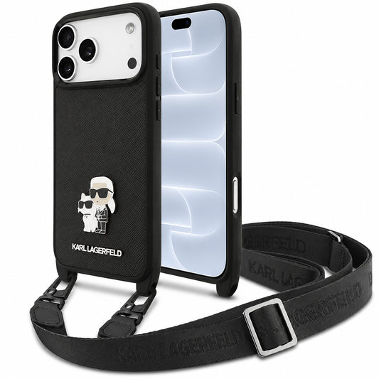 Etui til Apple iPhone 18 Pro / 17 Pro, Karl Lagerfeld, Saffiano Crossbody Metal Pin Karl & Choupette, sort