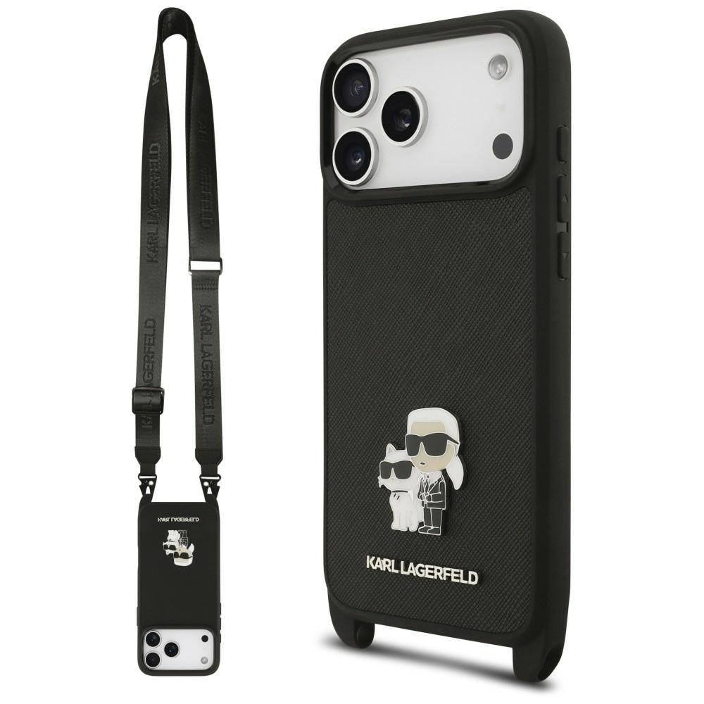 Etui til Apple iPhone 18 Pro / 17 Pro, Karl Lagerfeld, Saffiano Crossbody Metal Pin Karl & Choupette, sort
