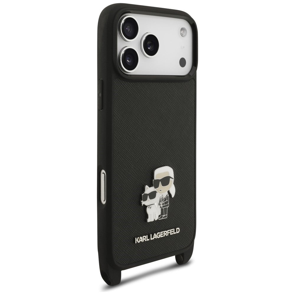 Etui til Apple iPhone 18 Pro / 17 Pro, Karl Lagerfeld, Saffiano Crossbody Metal Pin Karl & Choupette, sort