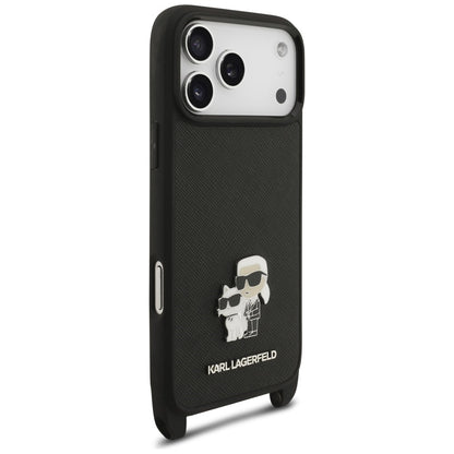 Etui til Apple iPhone 18 Pro / 17 Pro, Karl Lagerfeld, Saffiano Crossbody Metal Pin Karl & Choupette, sort
