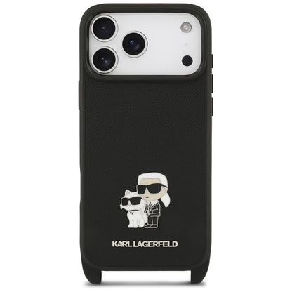Etui til Apple iPhone 18 Pro / 17 Pro, Karl Lagerfeld, Saffiano Crossbody Metal Pin Karl & Choupette, sort