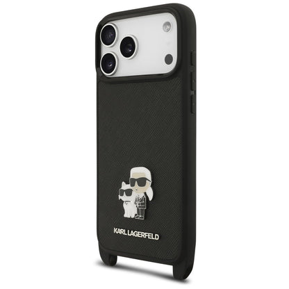 Etui til Apple iPhone 18 Pro / 17 Pro, Karl Lagerfeld, Saffiano Crossbody Metal Pin Karl & Choupette, sort