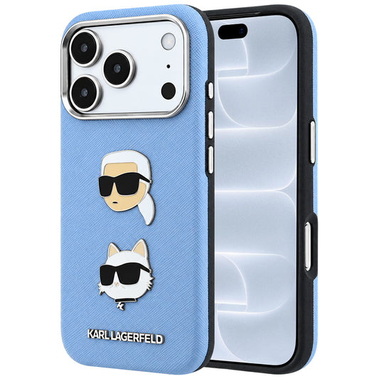 Etui til Apple iPhone 18 Pro / 17 Pro, Karl Lagerfeld, Saffiano med Karl & Choupette-hovednål og logo, blå