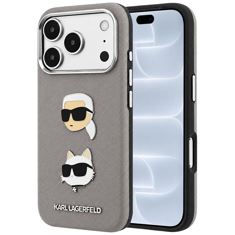 Etui til Apple iPhone 18 Pro / 17 Pro, Karl Lagerfeld, Saffiano med Karl & Choupette-hovednål og logo, grå
