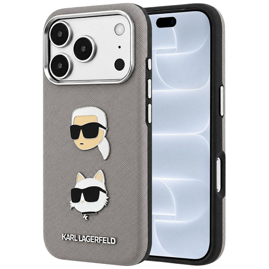 Etui til Apple iPhone 18 Pro / 17 Pro, Karl Lagerfeld, Saffiano med Karl & Choupette-hovednål og logo, grå