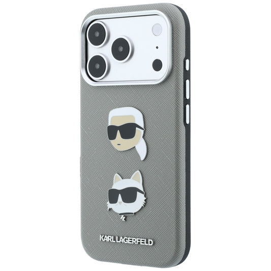 Etui til Apple iPhone 18 Pro / 17 Pro, Karl Lagerfeld, Saffiano med Karl & Choupette-hovednål og logo, grå