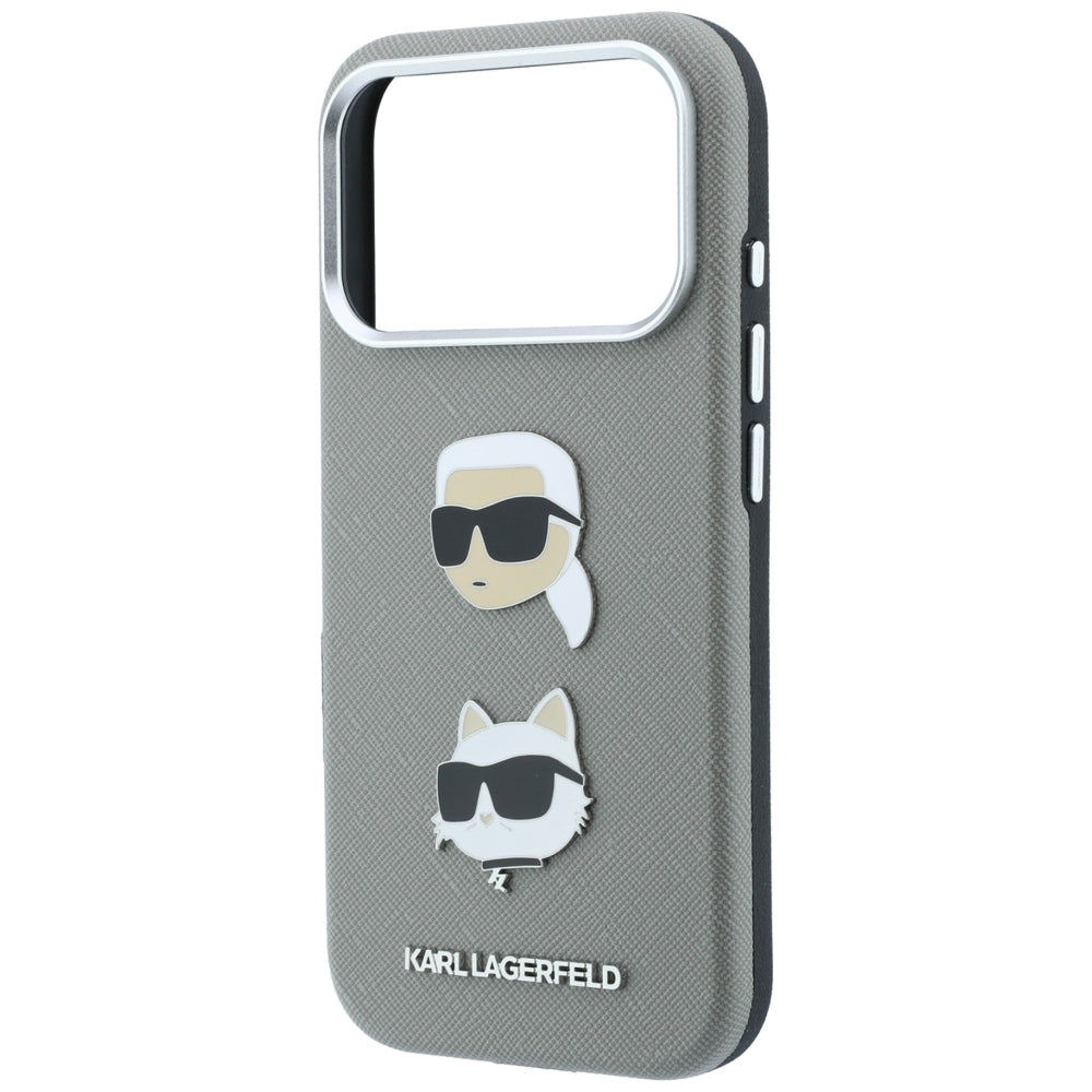 Etui til Apple iPhone 18 Pro / 17 Pro, Karl Lagerfeld, Saffiano med Karl & Choupette-hovednål og logo, grå