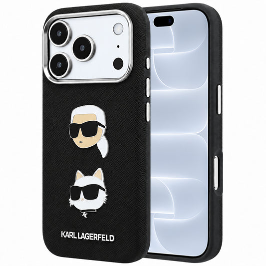 Etui til Apple iPhone 18 Pro / 17 Pro, Karl Lagerfeld, Saffiano med Karl & Choupette Head's Pin og logo, sort