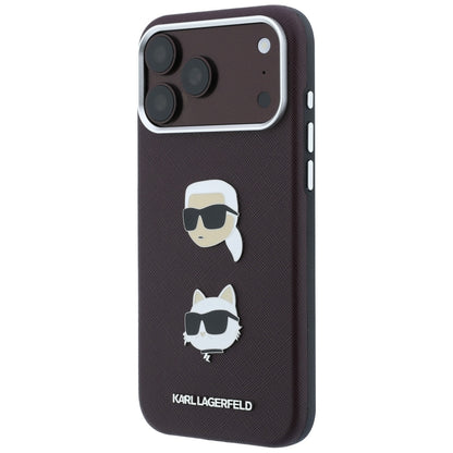 Cover til Apple iPhone 18 Pro / 17 Pro, Karl Lagerfeld, Saffiano med Karl & Choupette Hoved-pin og Logo, Vinrød