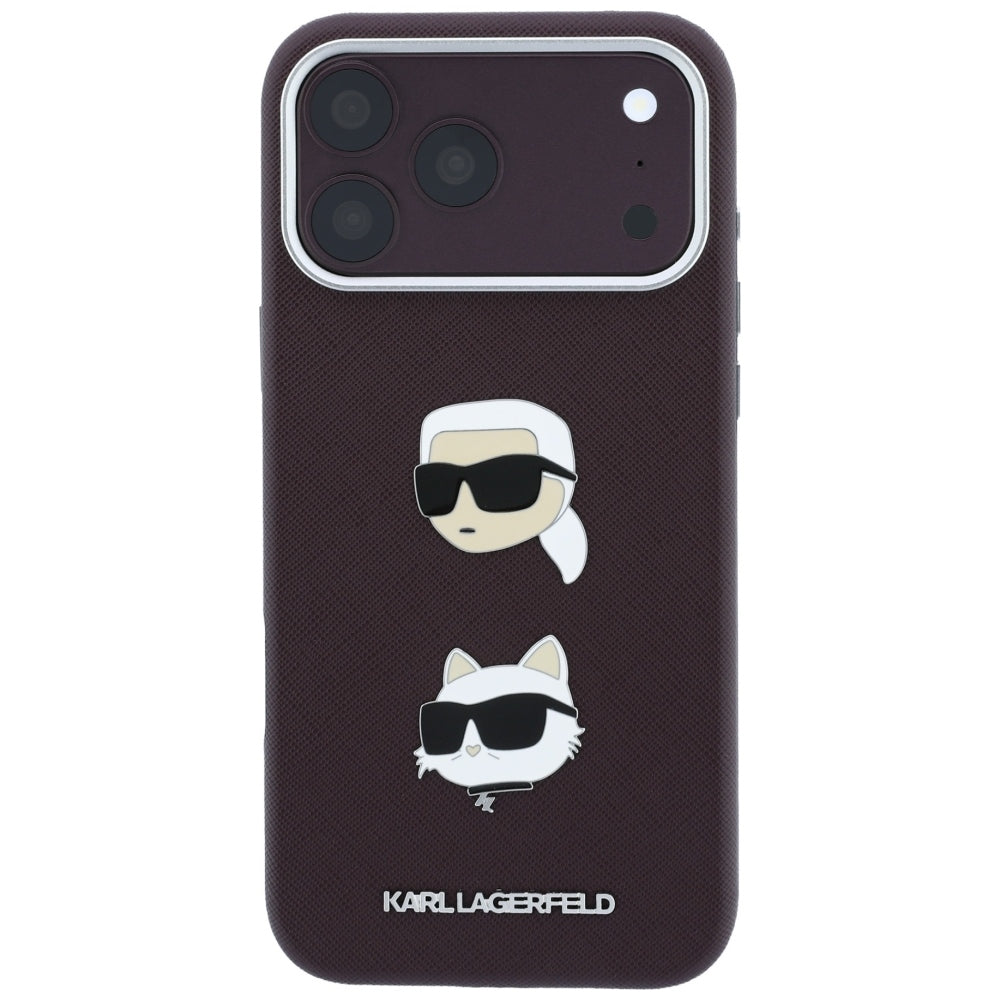Cover til Apple iPhone 18 Pro / 17 Pro, Karl Lagerfeld, Saffiano med Karl & Choupette Hoved-pin og Logo, Vinrød
