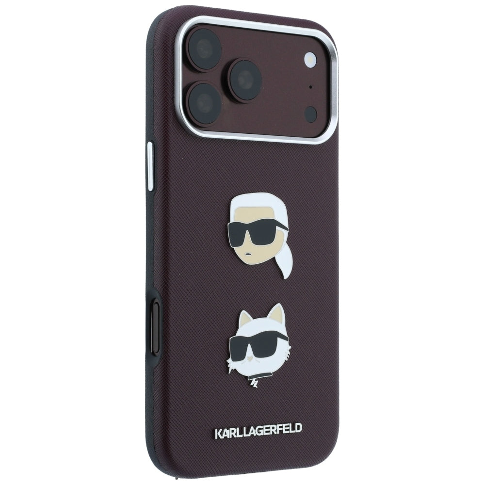 Cover til Apple iPhone 18 Pro / 17 Pro, Karl Lagerfeld, Saffiano med Karl & Choupette Hoved-pin og Logo, Vinrød