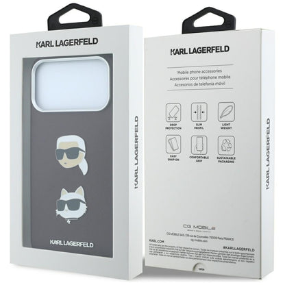 Cover til Apple iPhone 18 Pro / 17 Pro, Karl Lagerfeld, Saffiano med Karl & Choupette Hoved-pin og Logo, Vinrød