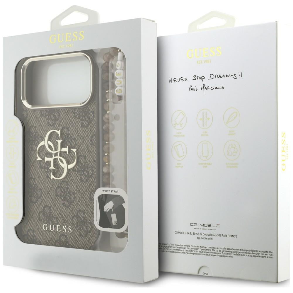 Cover til Apple iPhone 18 Pro Max / 17 Pro Max, Guess, 4G Classic Logo med rem, Brun Guld