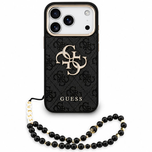 Cover til Apple iPhone 18 Pro Max / 17 Pro Max, Guess, 4G Classic Logo med rem, Sort Guld