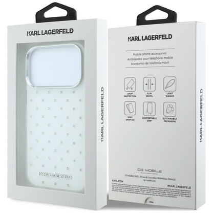 Case for Apple iPhone 18 Pro Max / 17 Pro Max, Karl Lagerfeld, IML Rhinestones and Electroplated Logo, White