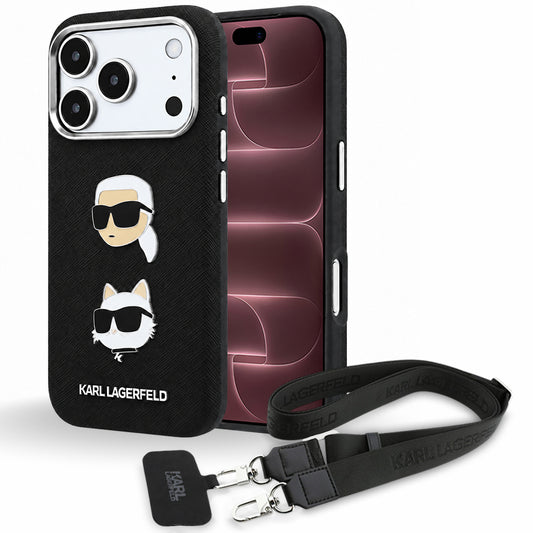 Etui til Apple iPhone 18 Pro Max / 17 Pro Max, Karl Lagerfeld, Saffiano Crossbody Karl & Choupette Head's Pins Logo, sort