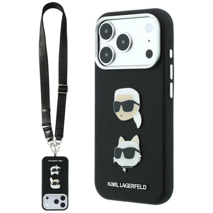 Case for Apple iPhone 18 Pro Max / 17 Pro Max, Karl Lagerfeld, Saffiano Crossbody Karl & Choupette Head's Pins Logo, Black