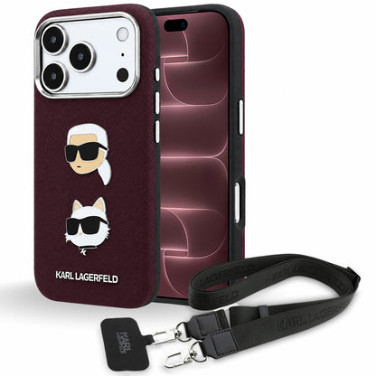 Etui til Apple iPhone 18 Pro Max / 17 Pro Max, Karl Lagerfeld, Saffiano Crossbody Karl & Choupette Head's Pins Logo, bordeauxfarvet