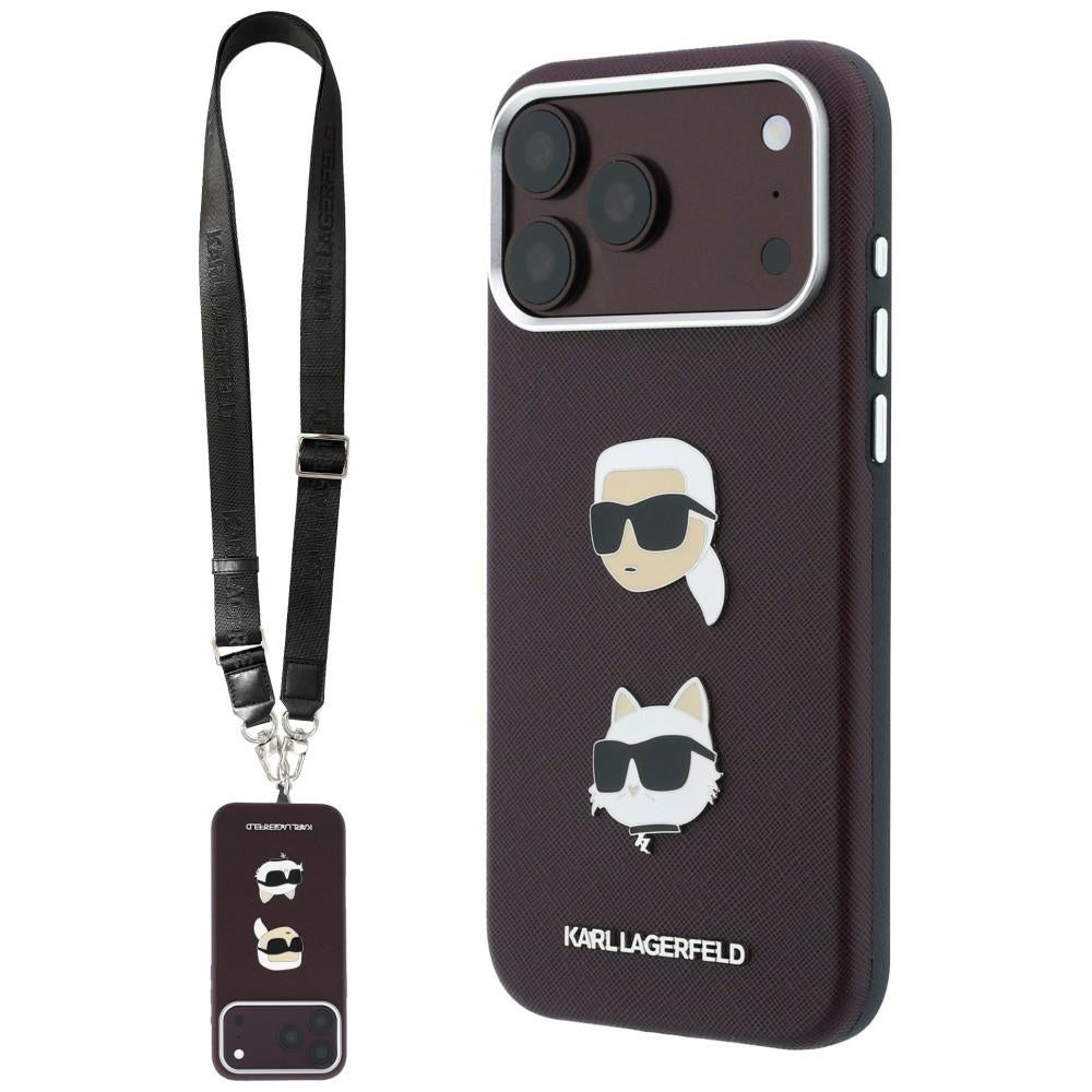 Etui til Apple iPhone 18 Pro Max / 17 Pro Max, Karl Lagerfeld, Saffiano Crossbody Karl & Choupette Head's Pins Logo, bordeauxfarvet